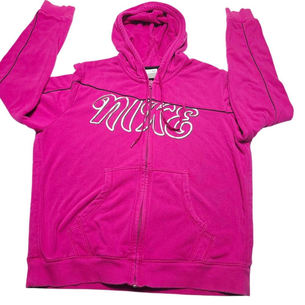 Vintage Nike Pink Spellout Zip Up Hoodie Youth Girls Size XL (16-18) Swoosh Y2k